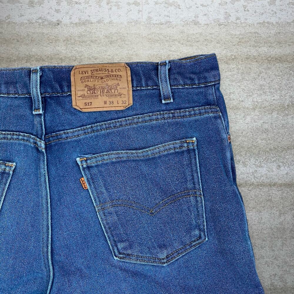 Vintage 80s Orange Tab Levis 517 Jeans 38x32 Bootcut Flared Fit Dark Wash - Picture 3 of 7